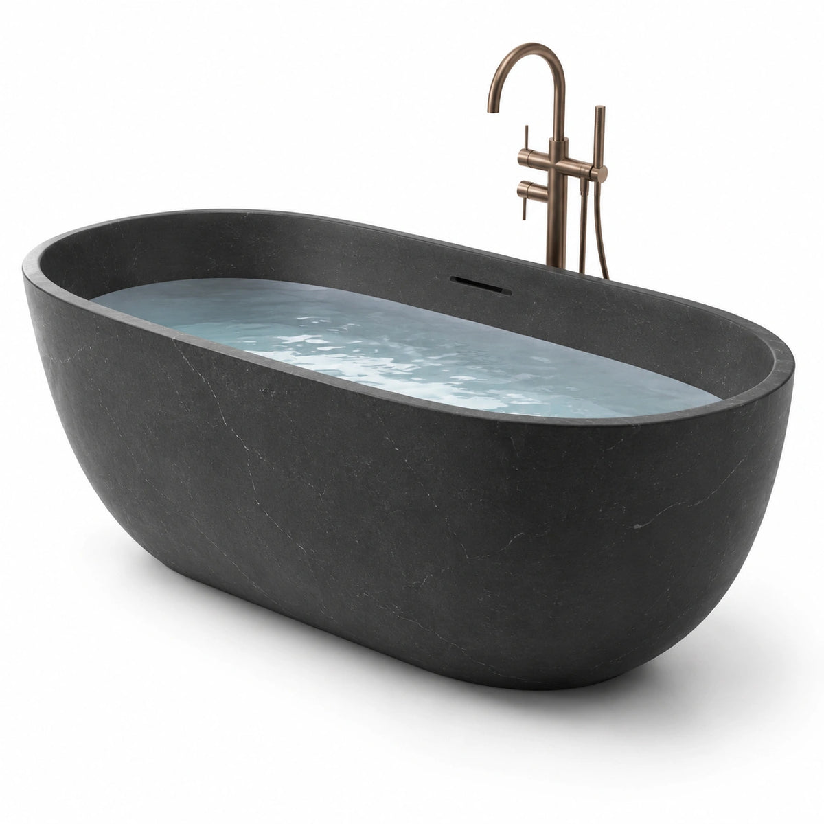 Baignoire îlot ovale en composite minéral noir mat avec trop-plein intégré, 170 x 80 x 58 cm