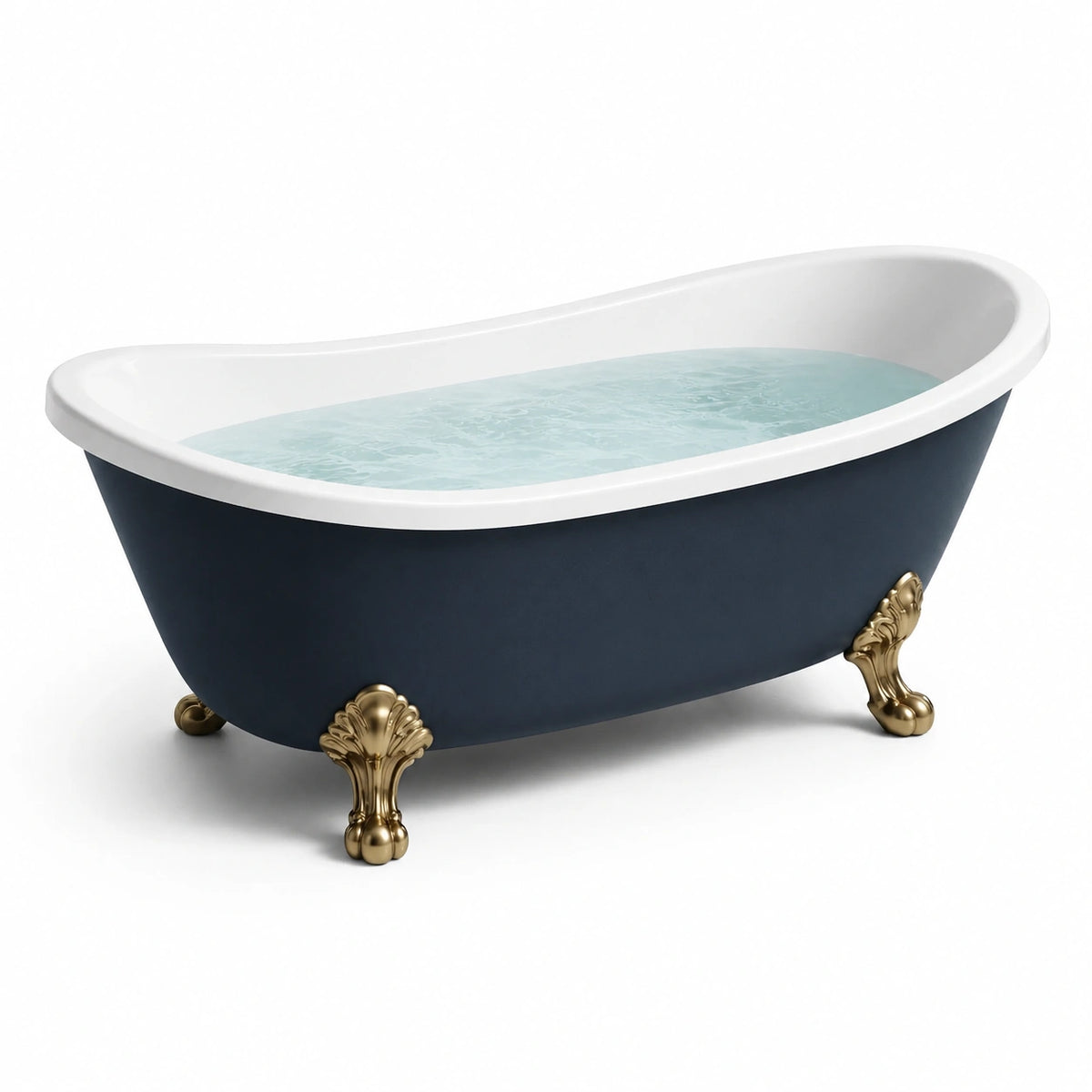 Baignoire îlot ovale en acrylique bleu marine et blanc avec pieds dorés, 170 x 75 x 75 cm