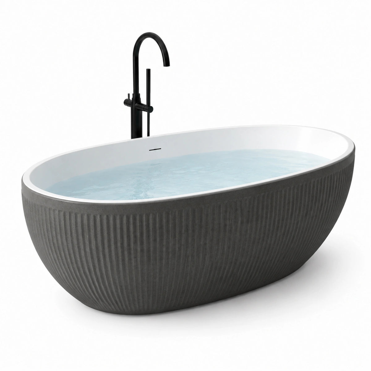 Baignoire îlot ovale en composite minéral noir et blanc avec extérieur cannelé, 170 x 80 x 58 cm