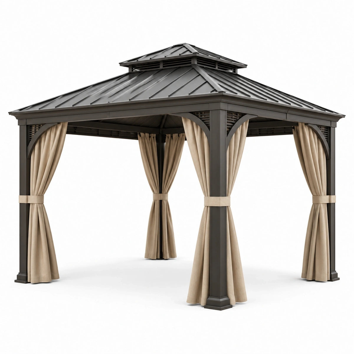 Pavillon de jardin en métal anthracite avec rideaux beiges et toit rigide ventilé, 300 x 300 x 280 cm