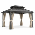 Tonnelle de jardin en métal gris anthracite avec toit rigide et rideaux beiges, 300 x 300 x 280 cm