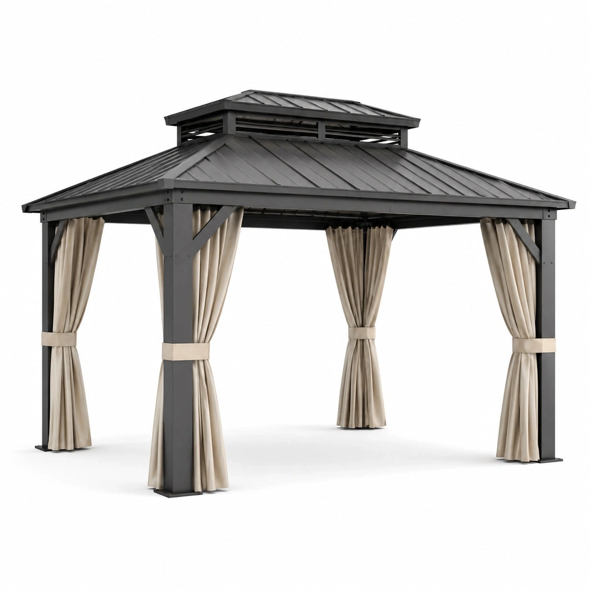 Tonnelle de jardin en métal gris anthracite avec toit rigide et rideaux beiges, 300 x 300 x 280 cm