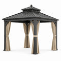 Tonnelle de jardin en métal anthracite avec rideaux beiges et toit rigide ventilé, 300 x 300 x 290 cm