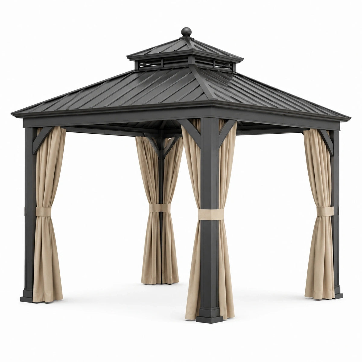 Tonnelle de jardin en métal anthracite avec rideaux beiges et toit rigide ventilé, 300 x 300 x 290 cm