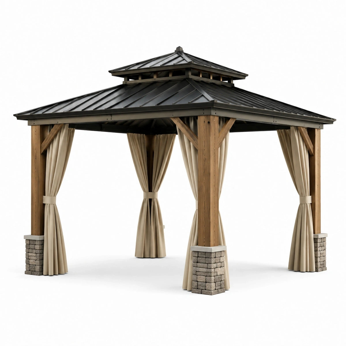 Tonnelle de jardin en bois marron et métal noir avec rideaux beiges, 360 x 300 x 310 cm