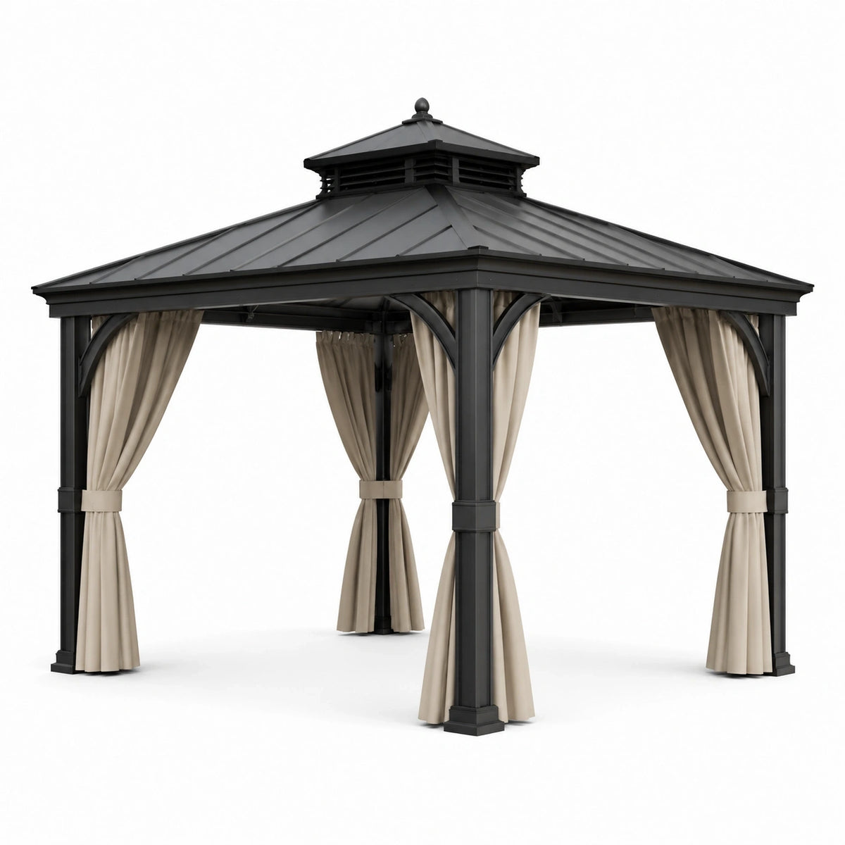 Pavillon de jardin en métal anthracite avec rideaux beige et toit rigide ventilé, 300 x 300 x 280 cm