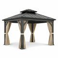 Pavillon de jardin en métal anthracite 300 x 300 x 280 cm avec toit rigide à double niveau et rideaux beiges