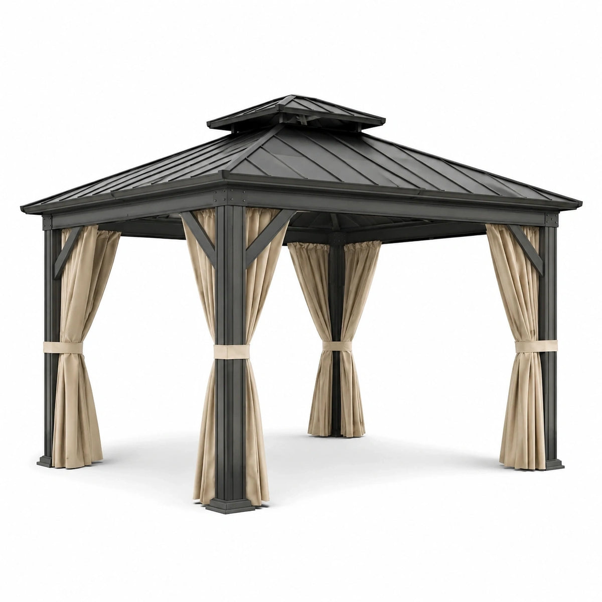 Pavillon de jardin en métal anthracite 300 x 300 x 280 cm avec toit rigide à double niveau et rideaux beiges
