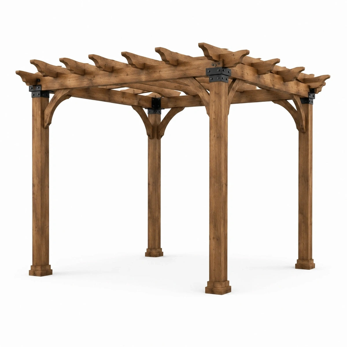 Pergola de jardin rustique en bois brun avec ferrures noires et toit ajouré, 305 x 305 x 244 cm