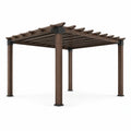 Pergola de jardin en bois marron foncé et acier noir avec toit ajouré, 427 x 305 x 244 cm