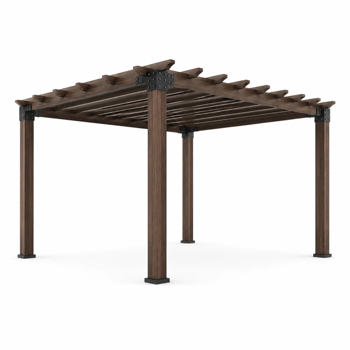 Pergola de jardin en bois marron foncé et acier noir avec toit ajouré, 427 x 305 x 244 cm