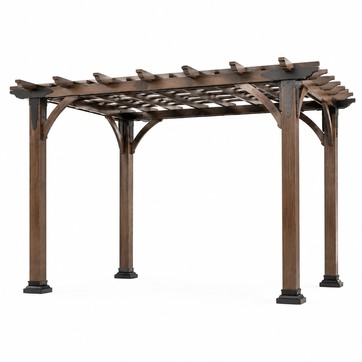 Pergola de jardin en bois brun foncé et acier noir avec toit ajouré – 305 x 305 x 244 cm