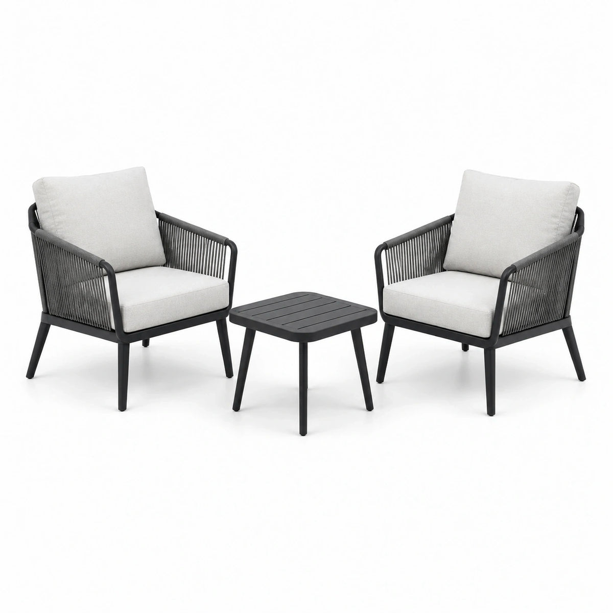 Salon de jardin 3 pièces noir, gris clair et gris foncé, 2 fauteuils 72 x 75 x 82 cm et table 50 x 50 x 45 cm