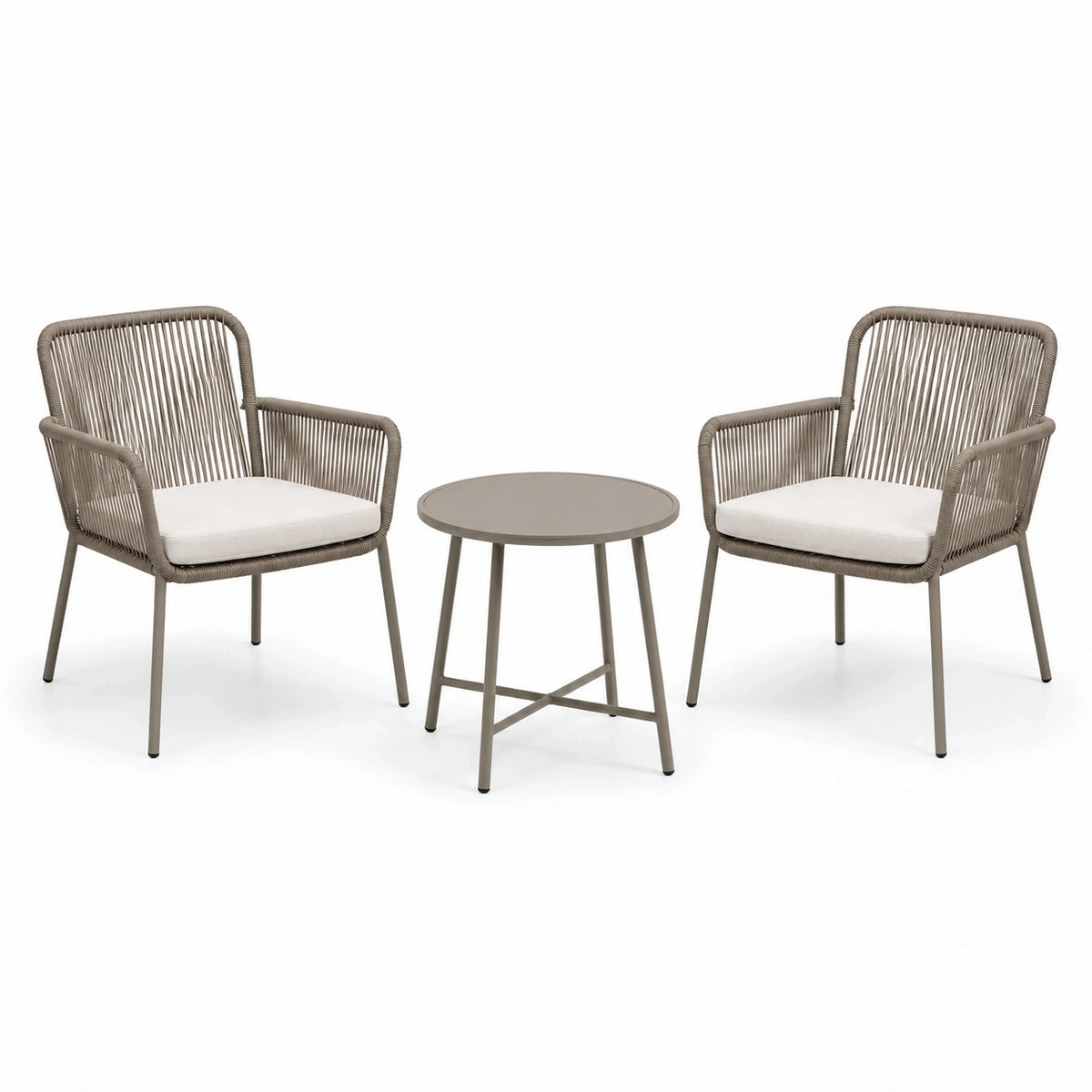 Ensemble de jardin 3 pièces taupe et blanc cassé avec 2 fauteuils 62 x 65 x 84 cm et table ronde Ø 50 x H 50 cm