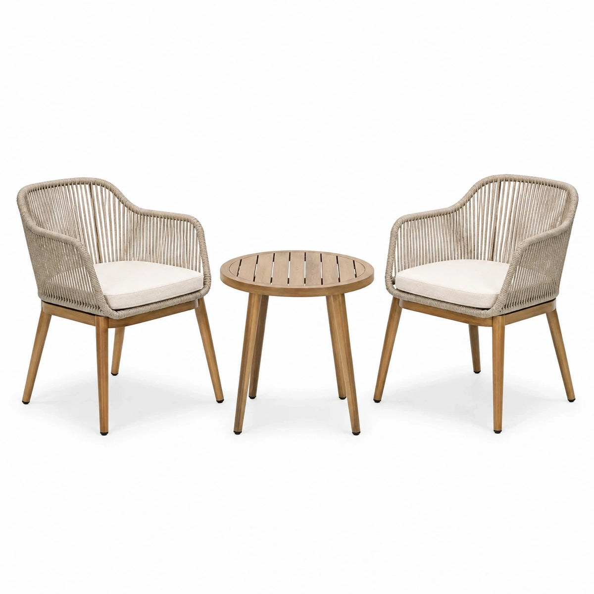 Salon de jardin 3 pièces avec 2 fauteuils 61 x 63 x 81 cm et table ronde Ø 60 x 52 cm, marron, beige et écru