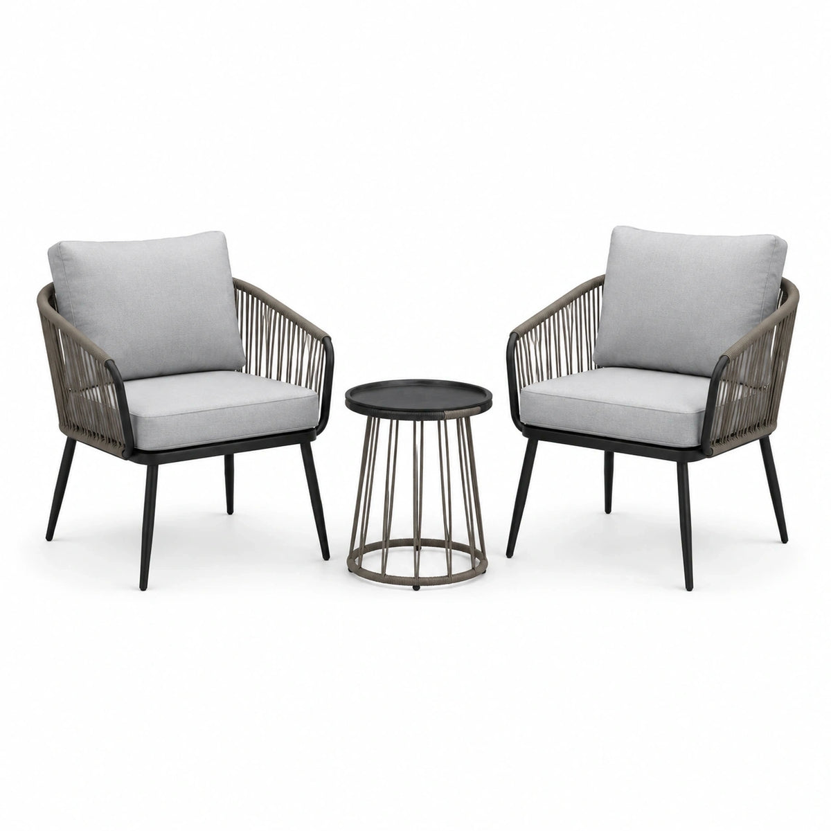 Salon de jardin 3 pièces avec 2 fauteuils 74 x 78 x 82 cm et table Ø 50 x H 50 cm, gris clair, noir et taupe