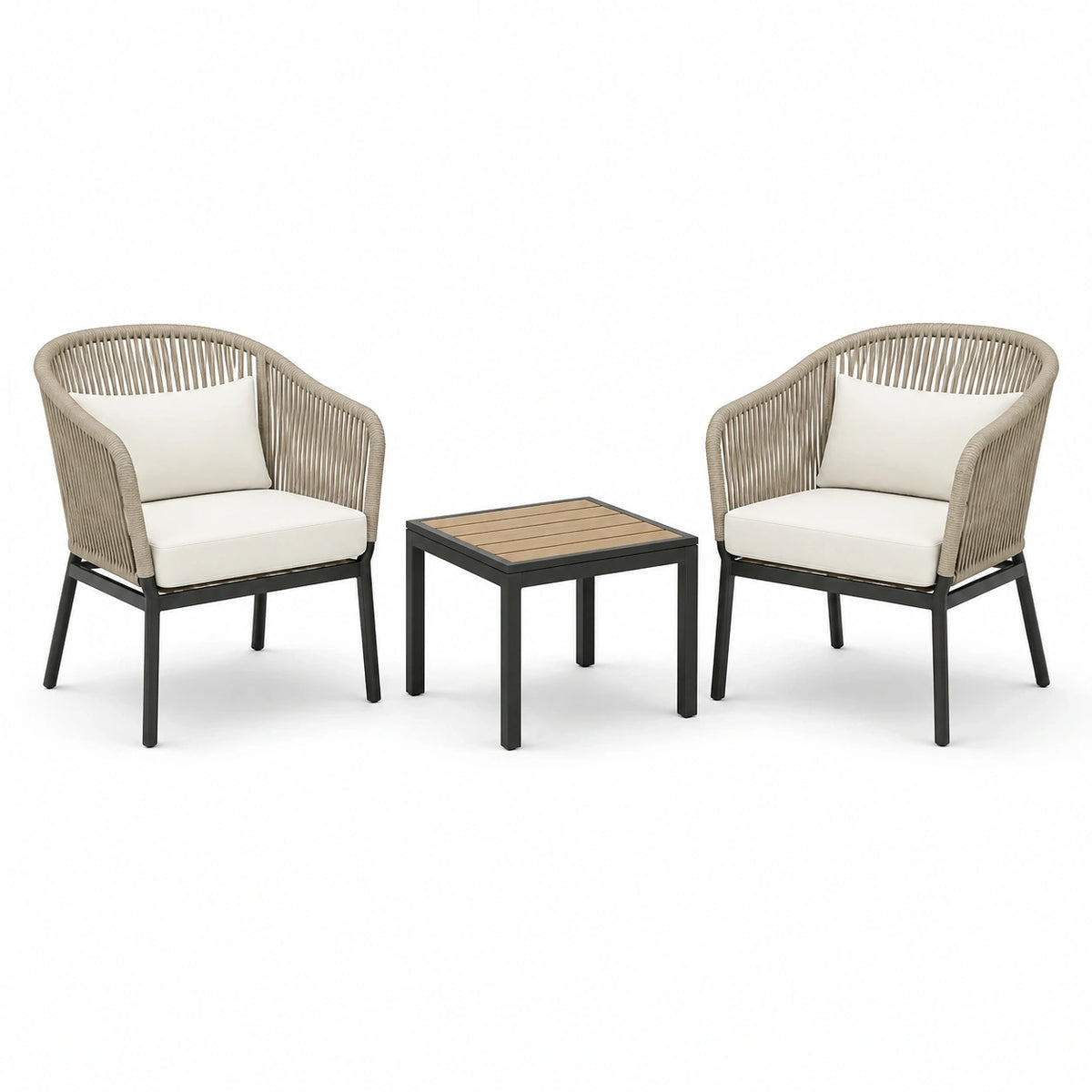 Salon de jardin 3 pièces avec 2 fauteuils 68 x 70 x 82 cm et table 50 x 50 x 45 cm – beige, noir, blanc cassé et brun