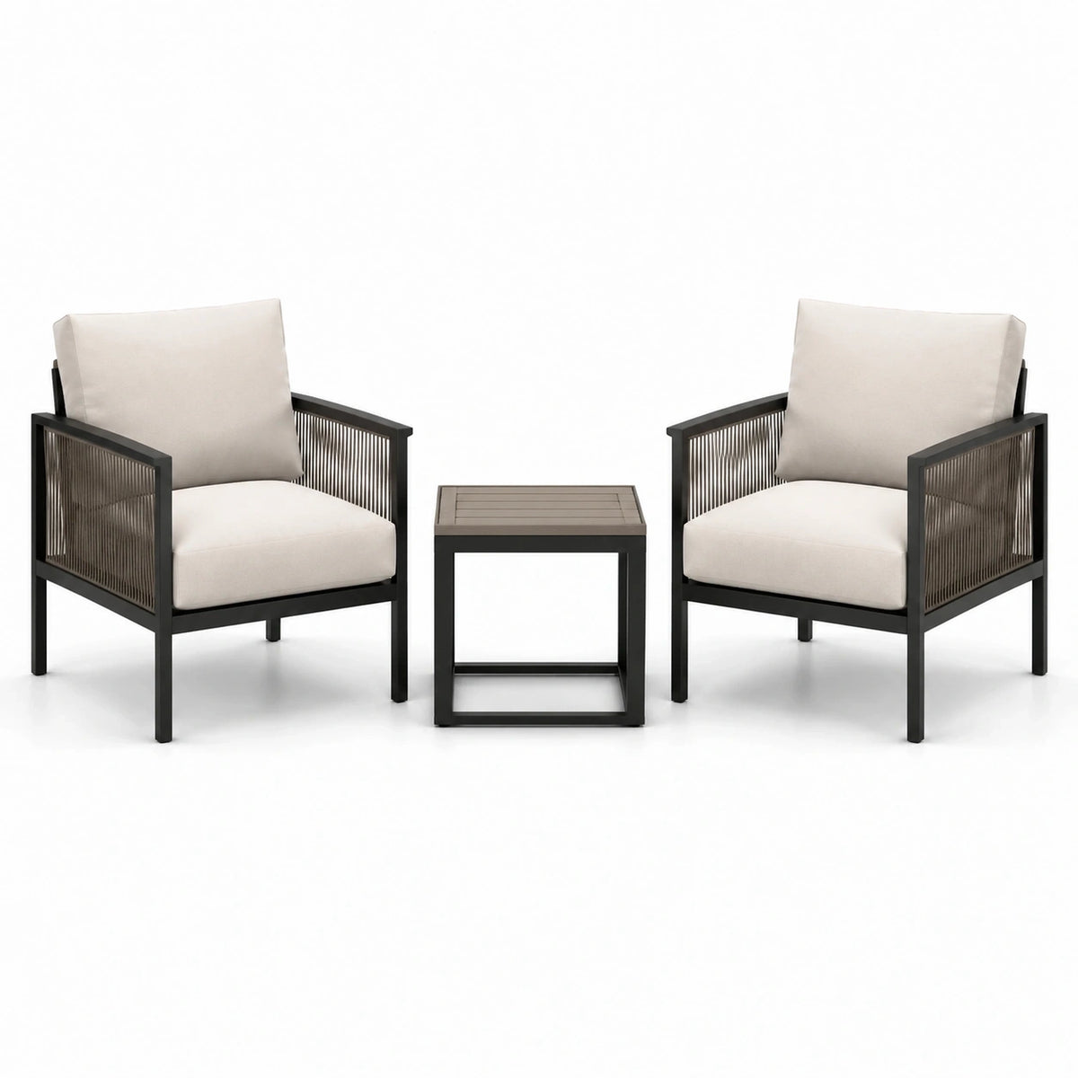 Ensemble de jardin 3 pièces avec 2 fauteuils de 68 x 72 x 82 cm et table de 45 x 45 x 45 cm, beige, noir et taupe