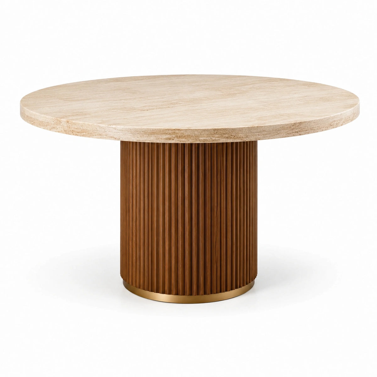 Table à manger ronde, plateau aspect pierre beige et pied cannelé brun, Ø 120 x H 76 cm