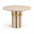 Table ronde en travertin beige et métal doré, 90 x 75 cm, design contemporain sculptural