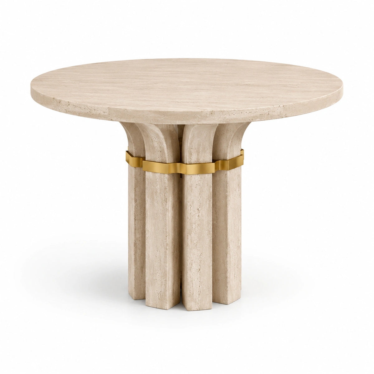 Table ronde en travertin beige et métal doré, 90 x 75 cm, design contemporain sculptural