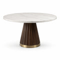 Table à manger ronde effet marbre blanc, pied central brun et socle doré, Ø 120 x H 76 cm
