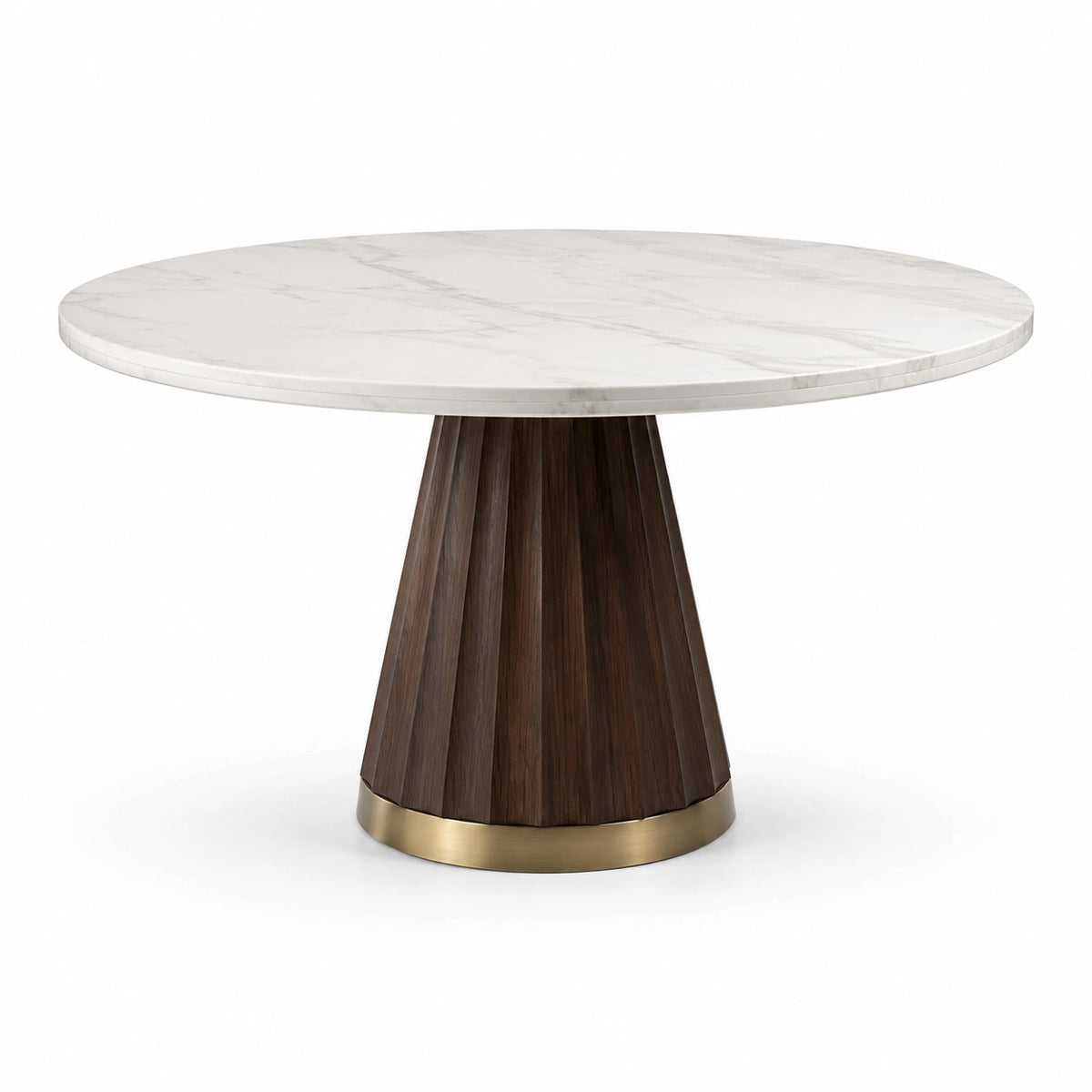 Table à manger ronde effet marbre blanc, pied central brun et socle doré, Ø 120 x H 76 cm