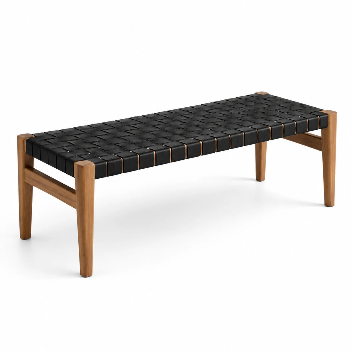 Banc contemporain en bois brun avec assise tressée noire, 120 x 40 x 45 cm