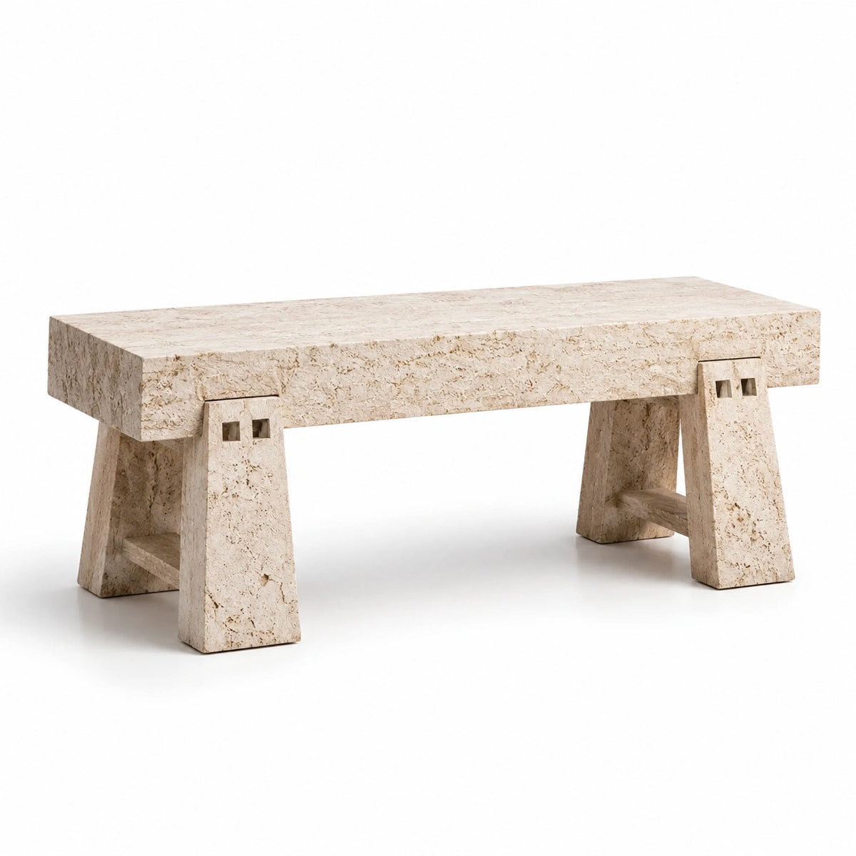 Banc en pierre naturelle beige aspect travertin, style minimaliste, 140 x 40 x 45 cm