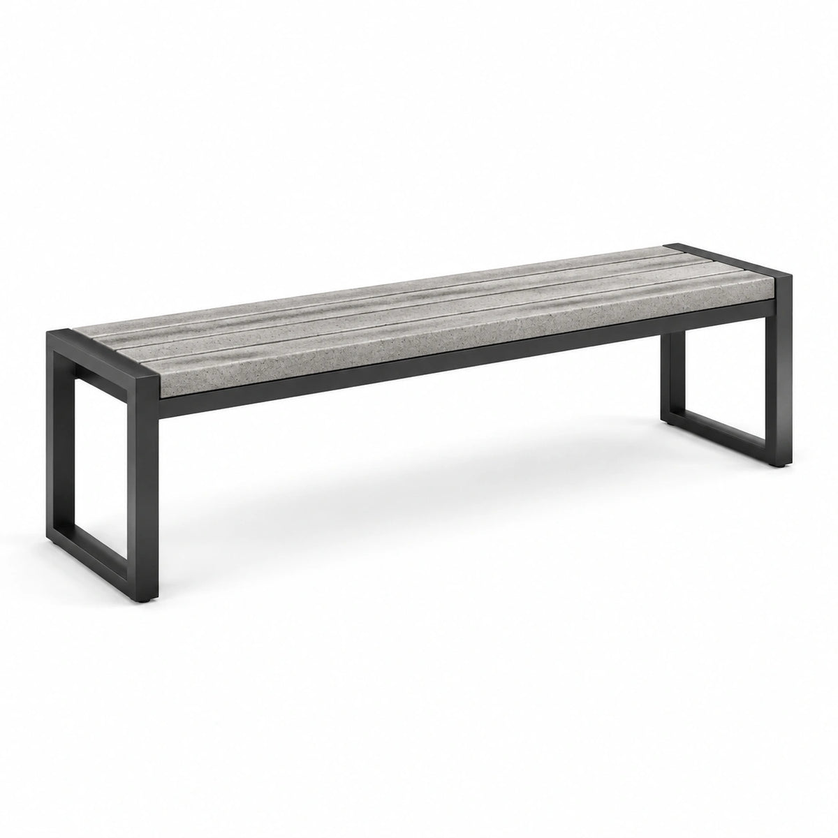 Banc de jardin en béton gris et métal noir, 180 x 42 x 45 cm, style industriel
