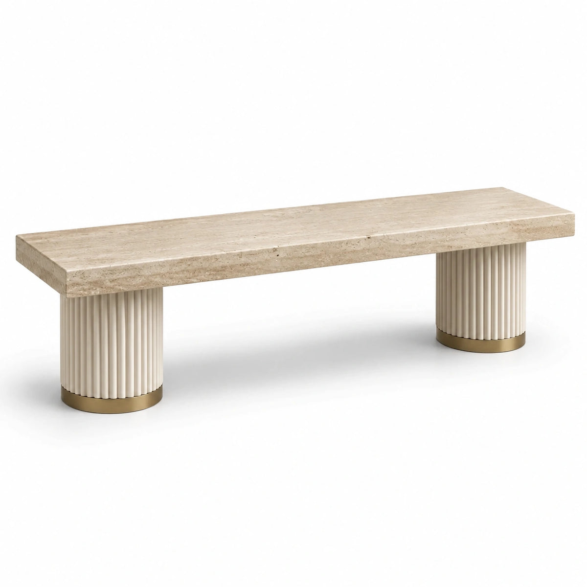 Banc contemporain en travertin beige et métal doré avec pieds cannelés, 180 x 40 x 45 cm