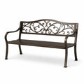 Banc de jardin 2 places en métal brun bronze avec dossier floral, 127 x 60 x 88 cm