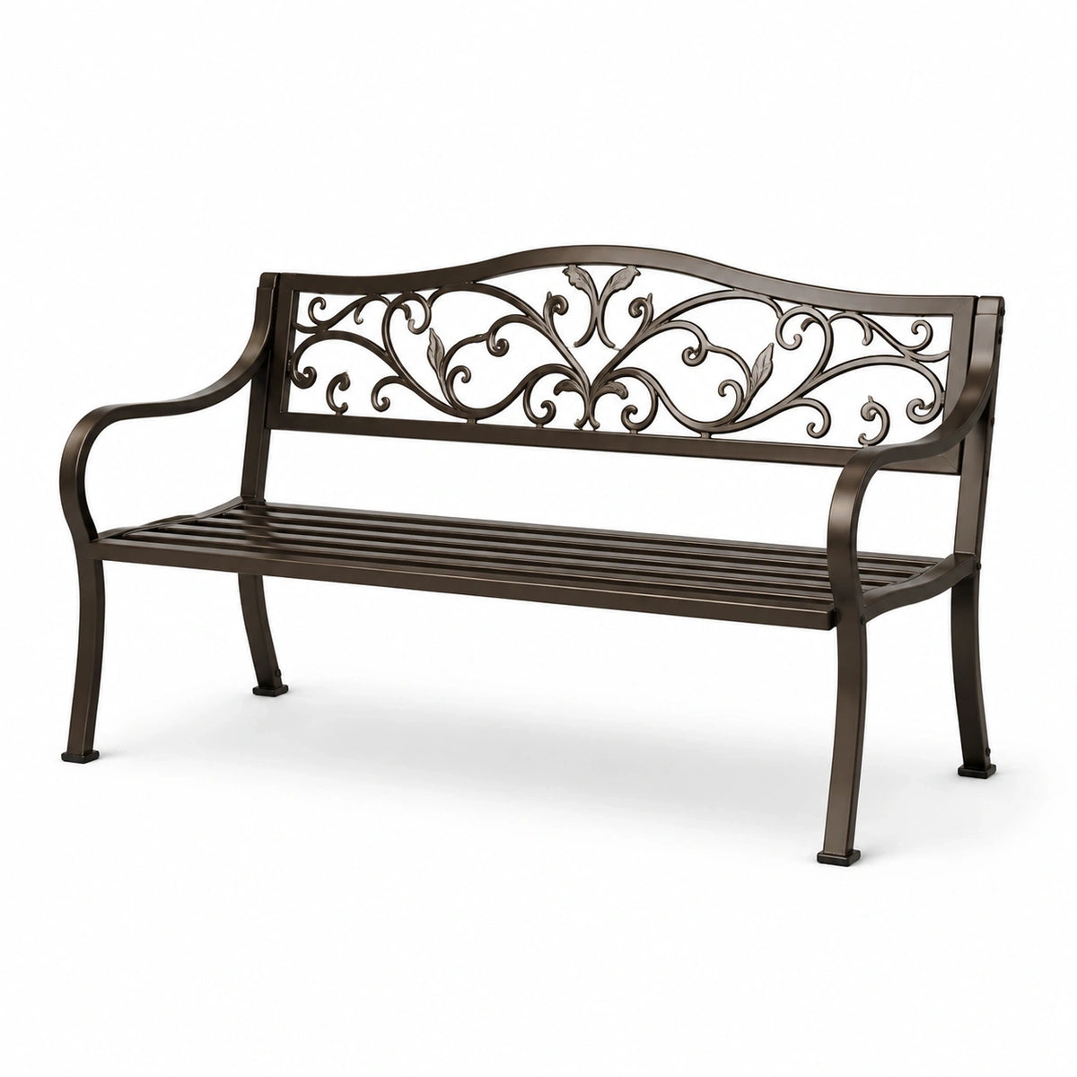 Banc de jardin 2 places en métal brun bronze avec dossier floral, 127 x 60 x 88 cm