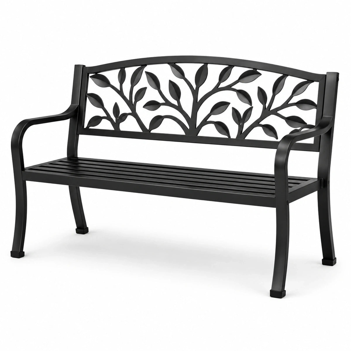 Banc de jardin en métal noir 127 x 60 x 87 cm avec dossier à motif feuillage et assise à lattes