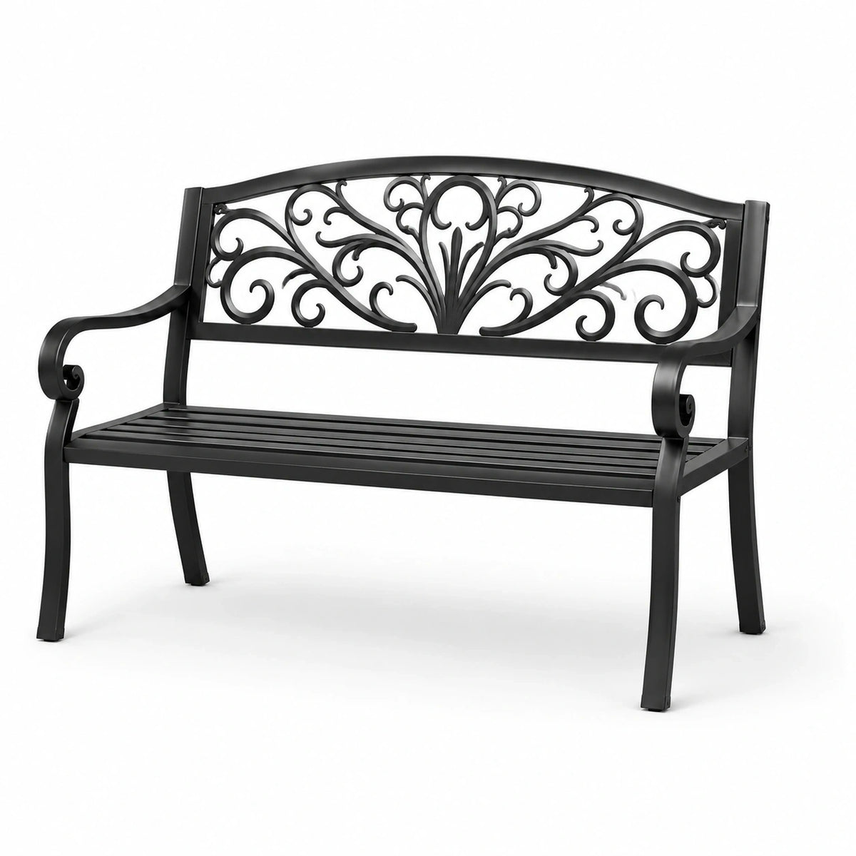 Banc de jardin noir 2 places en métal, 127 x 60 x 87 cm, dossier ornemental