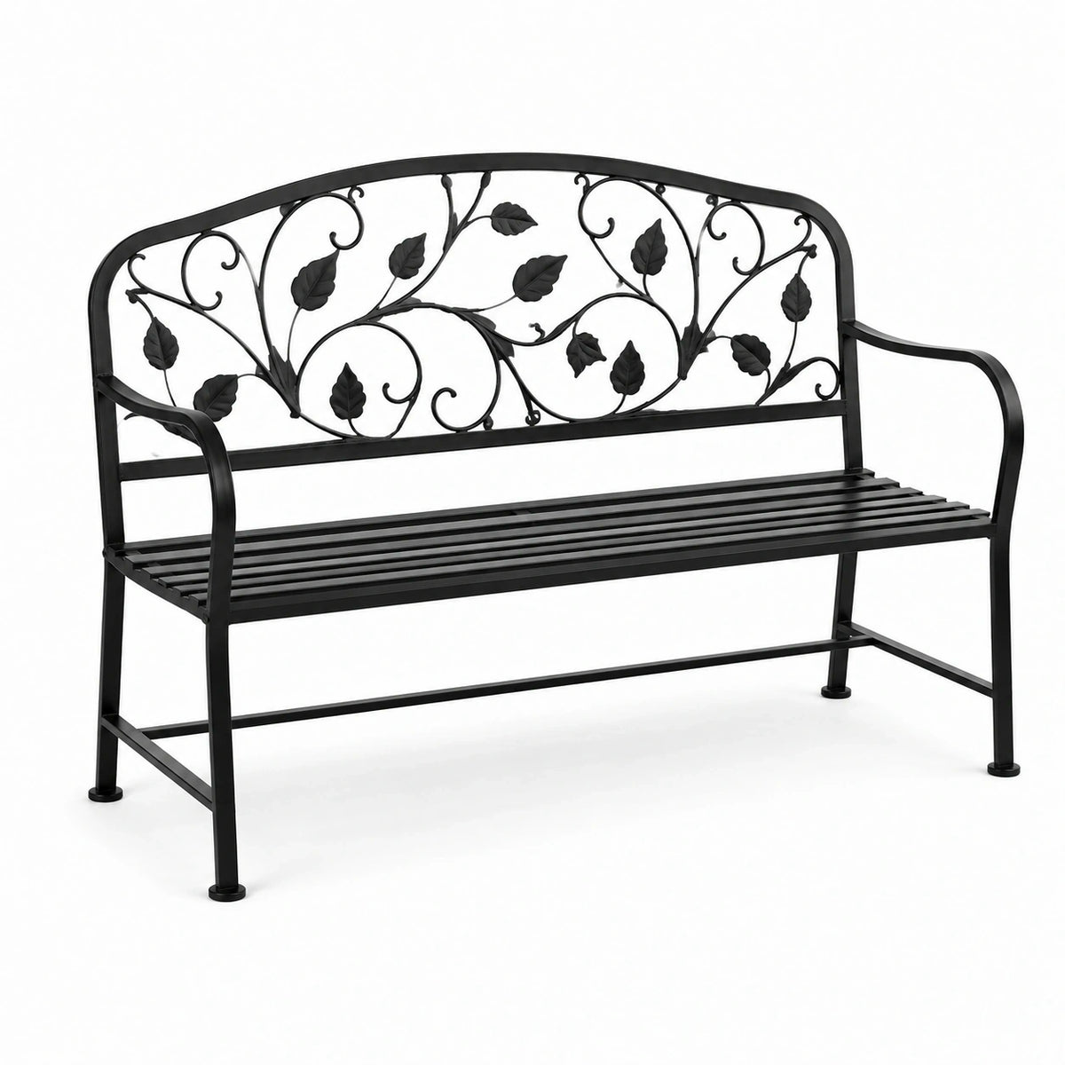 Banc de jardin en métal noir 127 x 60 x 88 cm avec dossier à motif feuillage
