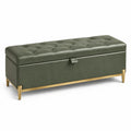 Banc coffre de rangement capitonné vert kaki et doré, 120 x 40 x 45 cm