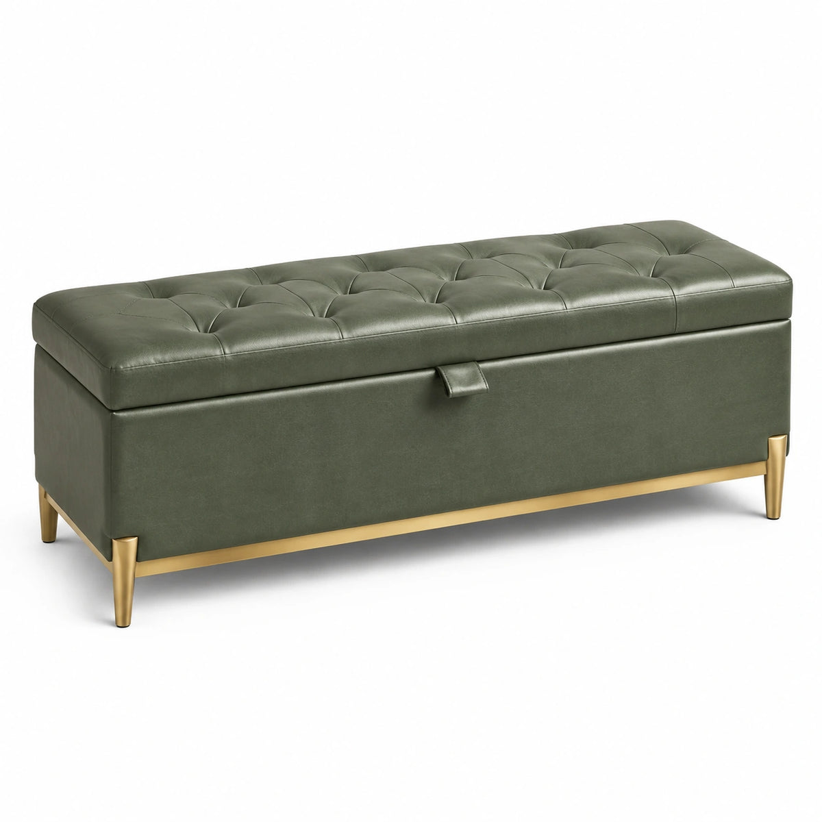 Banc coffre de rangement capitonné vert kaki et doré, 120 x 40 x 45 cm