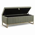 Banc coffre de rangement en velours vert sauge avec piètement doré et intérieur noir, 120 x 45 x 45 cm