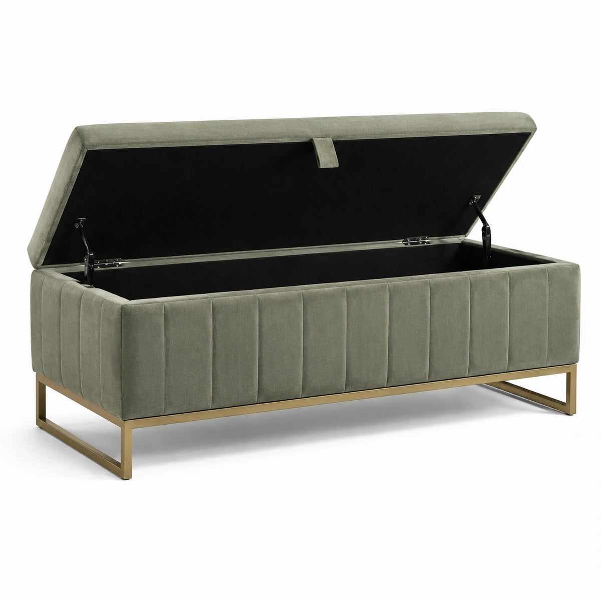 Banc coffre de rangement en velours vert sauge avec piètement doré et intérieur noir, 120 x 45 x 45 cm
