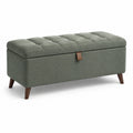 Banquette coffre de rangement en tissu gris-vert avec assise capitonnée, 110 x 42 x 45 cm