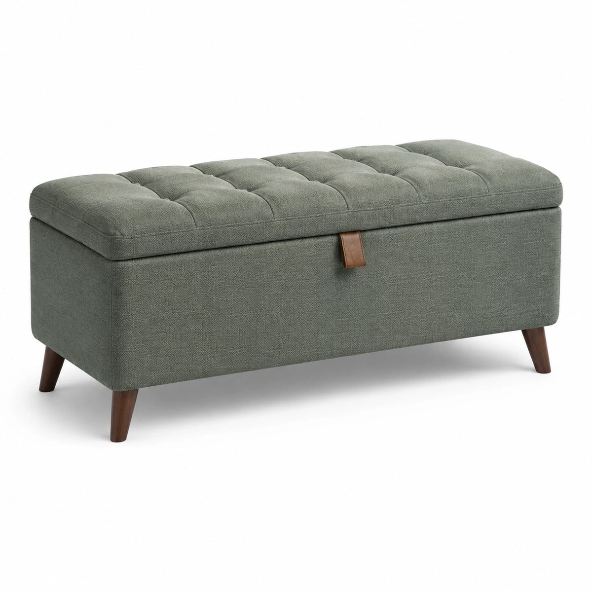 Banquette coffre de rangement en tissu gris-vert avec assise capitonnée, 110 x 42 x 45 cm