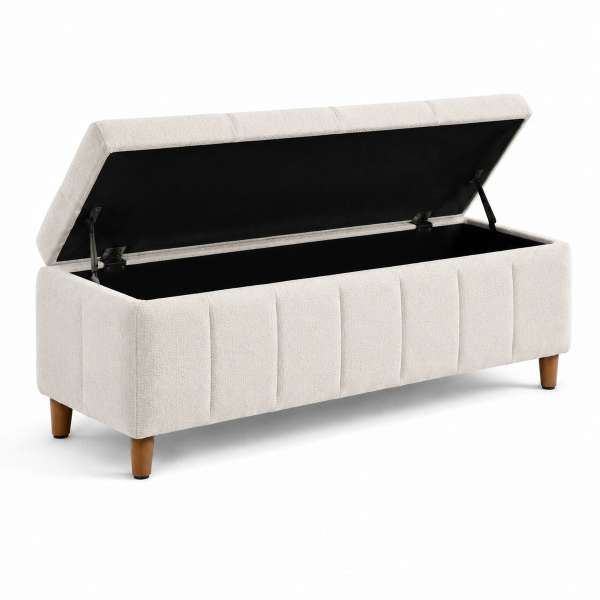 Banc coffre en tissu bouclé écru avec assise relevable, 120 x 45 x 45 cm