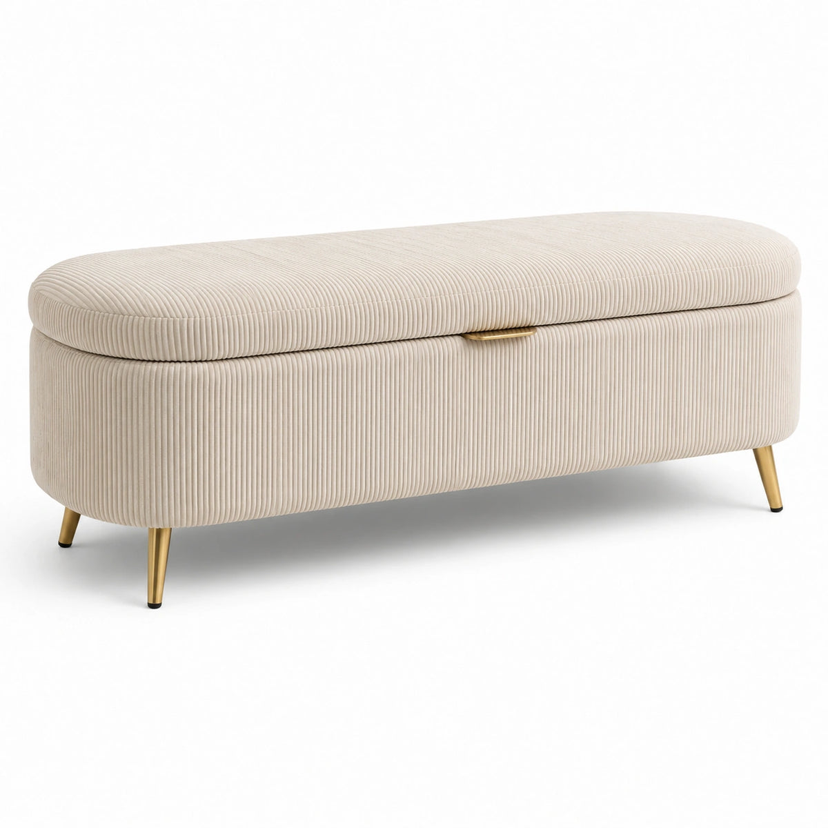 Banc coffre de rangement en velours côtelé beige avec pieds dorés, 120 x 42 x 45 cm