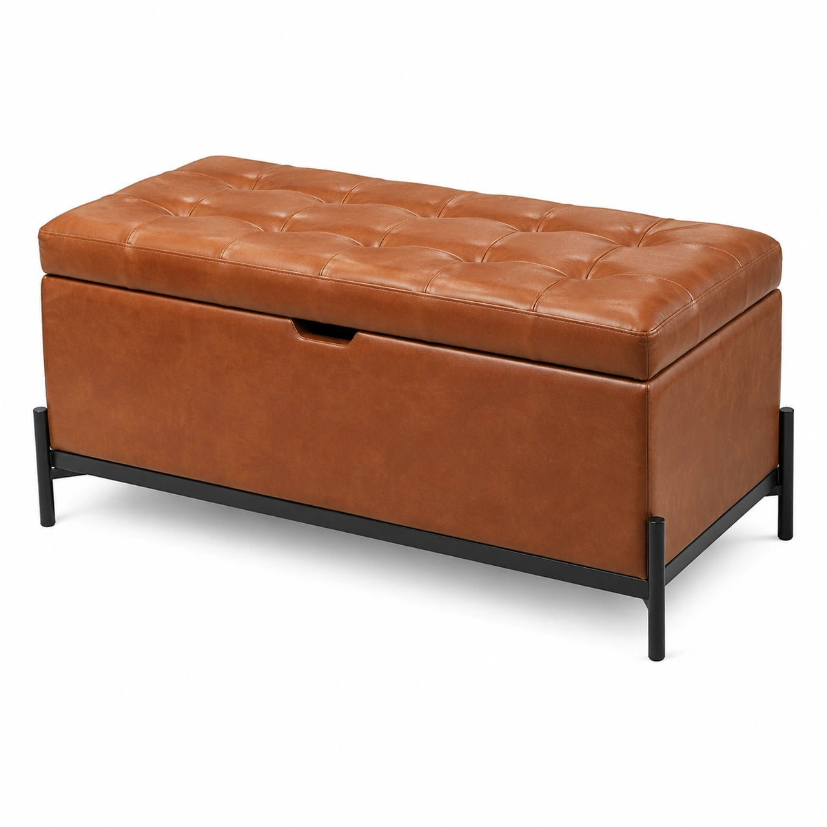 Banc coffre de rangement capitonné 100 x 40 x 50 cm, aspect cuir marron avec structure en métal noir