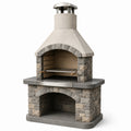 Barbecue de jardin en béton gris, beige et argenté avec cheminée, 120 x 70 x 220 cm, style rustique