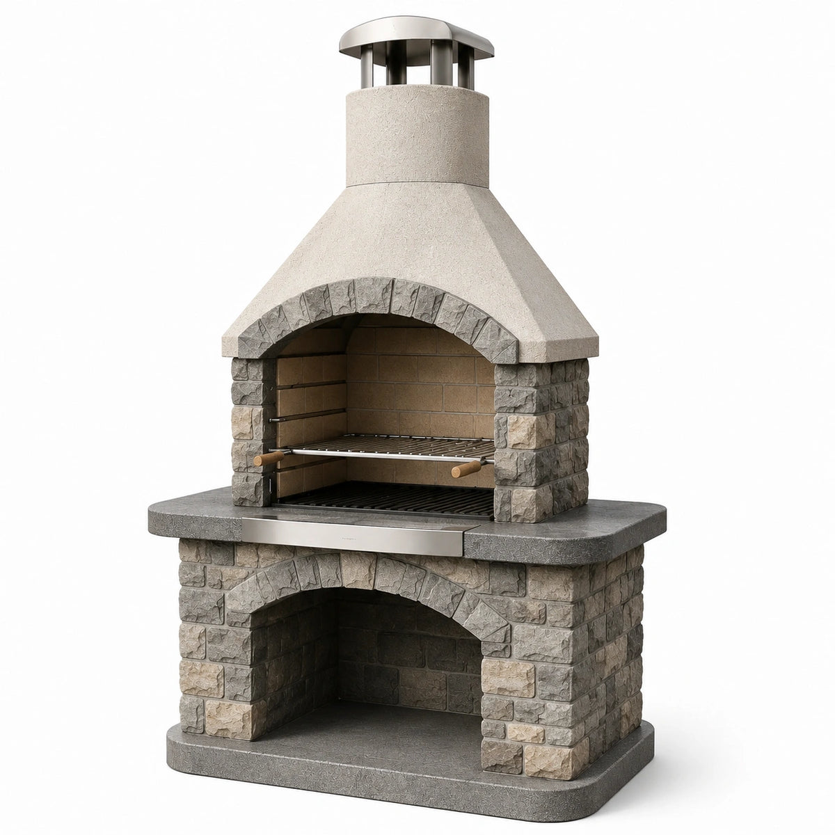 Barbecue de jardin en béton gris, beige et argenté avec cheminée, 120 x 70 x 220 cm, style rustique