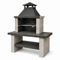 Barbecue fixe d'extérieur avec hotte, grille et tablette en béton aspect pierre et acier, noir, gris et beige, 120 x 65 x 210 cm