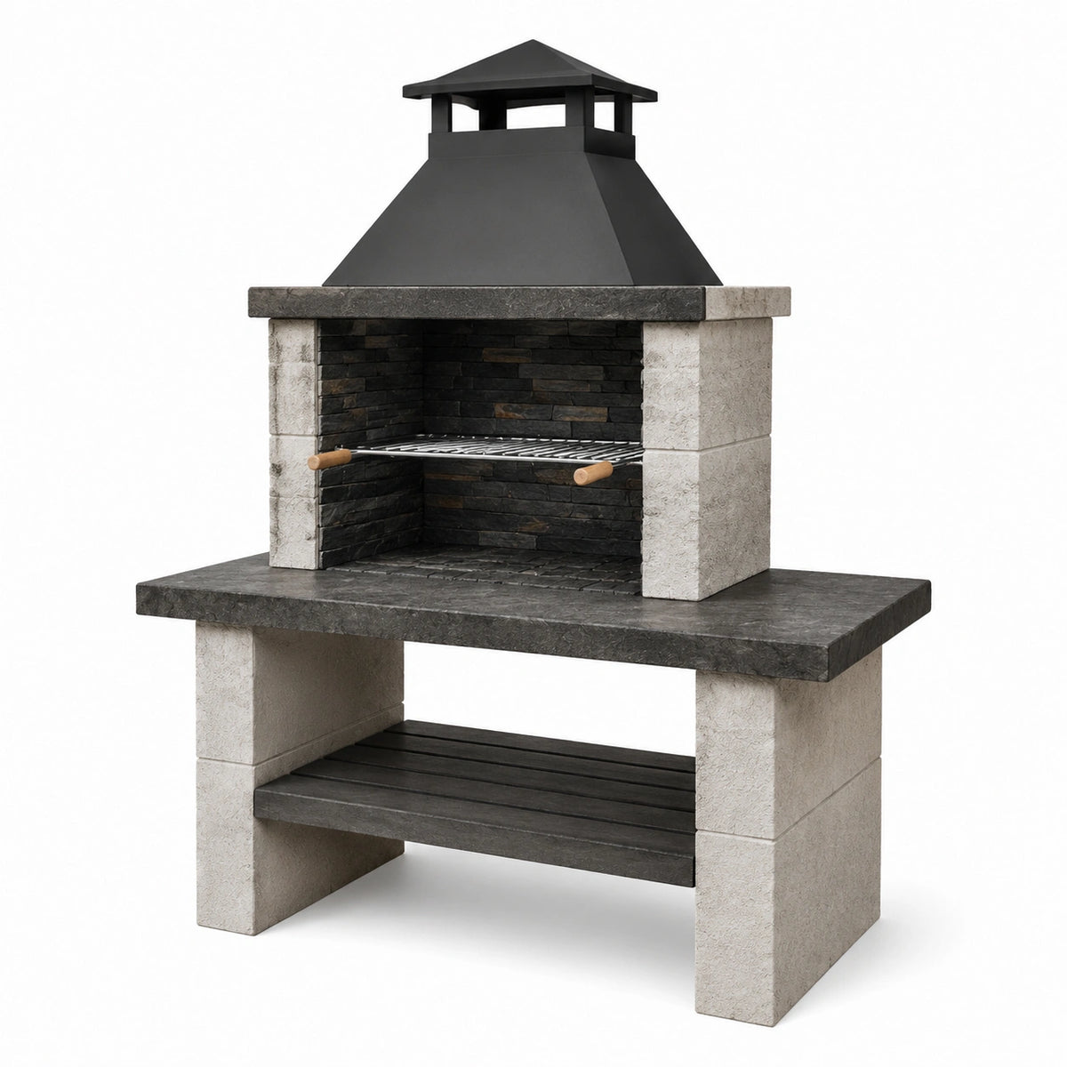 Barbecue fixe d'extérieur avec hotte, grille et tablette en béton aspect pierre et acier, noir, gris et beige, 120 x 65 x 210 cm