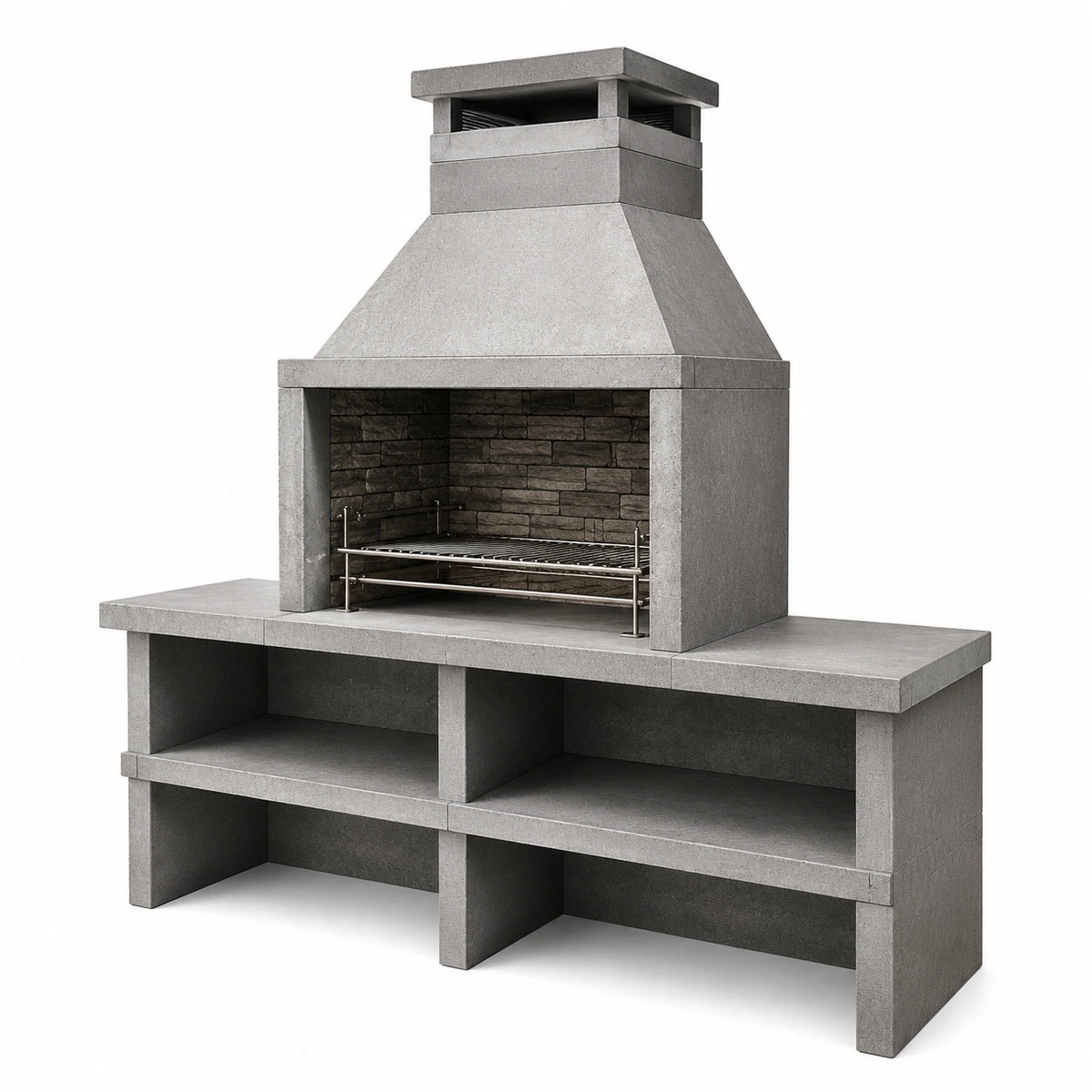 Barbecue de jardin en béton gris et gris anthracite avec grille métallique et rangements, 180 x 60 x 220 cm